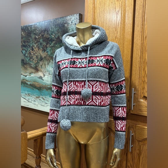 Yet Again Other - Youth Cozy Grey and Red Fair Isle Hooded Sweater with Pom-Pom Drawstrings